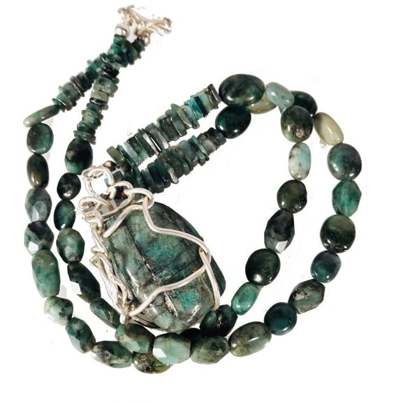 Genuine Emerald Gemstone Sterling Silver Necklace Pendant Wire Wrapped Natural - Picture 2 of 11